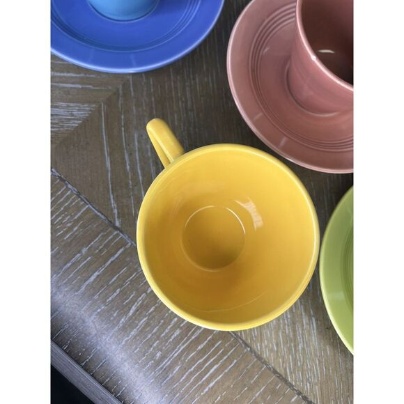 Homer Laughlin China - Harlequin 4 Cups 3 Saucers - Chartreuse Yellow Blue Rose - Picture 14 of 16